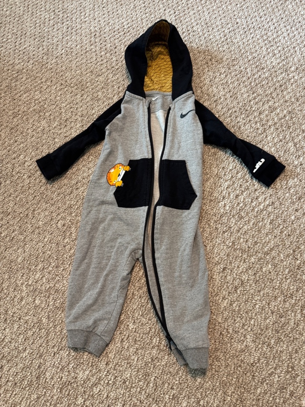 Nike Grey & Black Hooded Kids One-Piece Romper with Yellow Lining